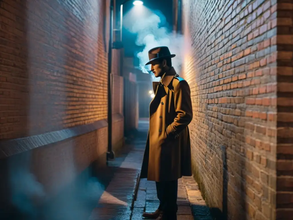 Un callejón oscuro iluminado por la luz parpadeante de una farola, donde se proyectan largas sombras en el pavimento mojado