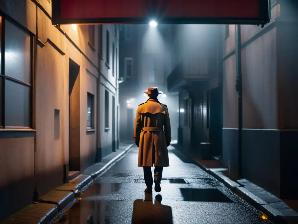 Un callejón oscuro iluminado por la luz parpadeante de una farola, con largas sombras en el pavimento húmedo