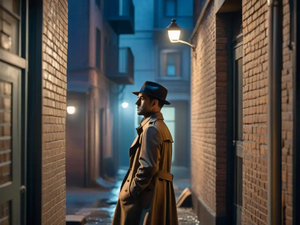 Un callejón oscuro iluminado por la luz titilante de una farola