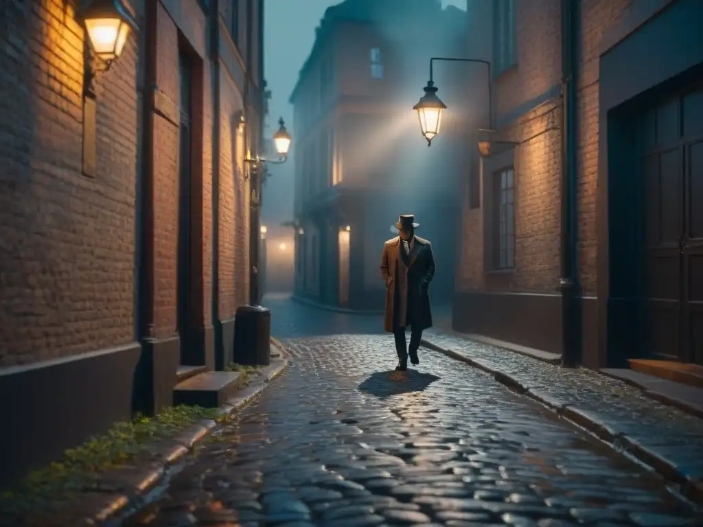 Un callejón oscuro iluminado por la luz parpadeante de una farola vintage, con un gadget de defensa personal portátil brillando en la penumbra