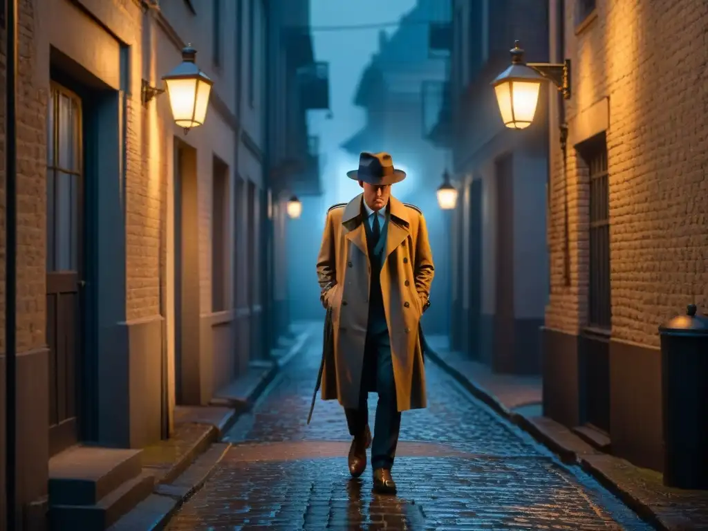 Escena de Film Noir: Misterio en el callejón oscuro Un callejón oscuro iluminado por la luz titilante de una solitaria farola, proyectando largas sombras en el suelo empedrado mojado