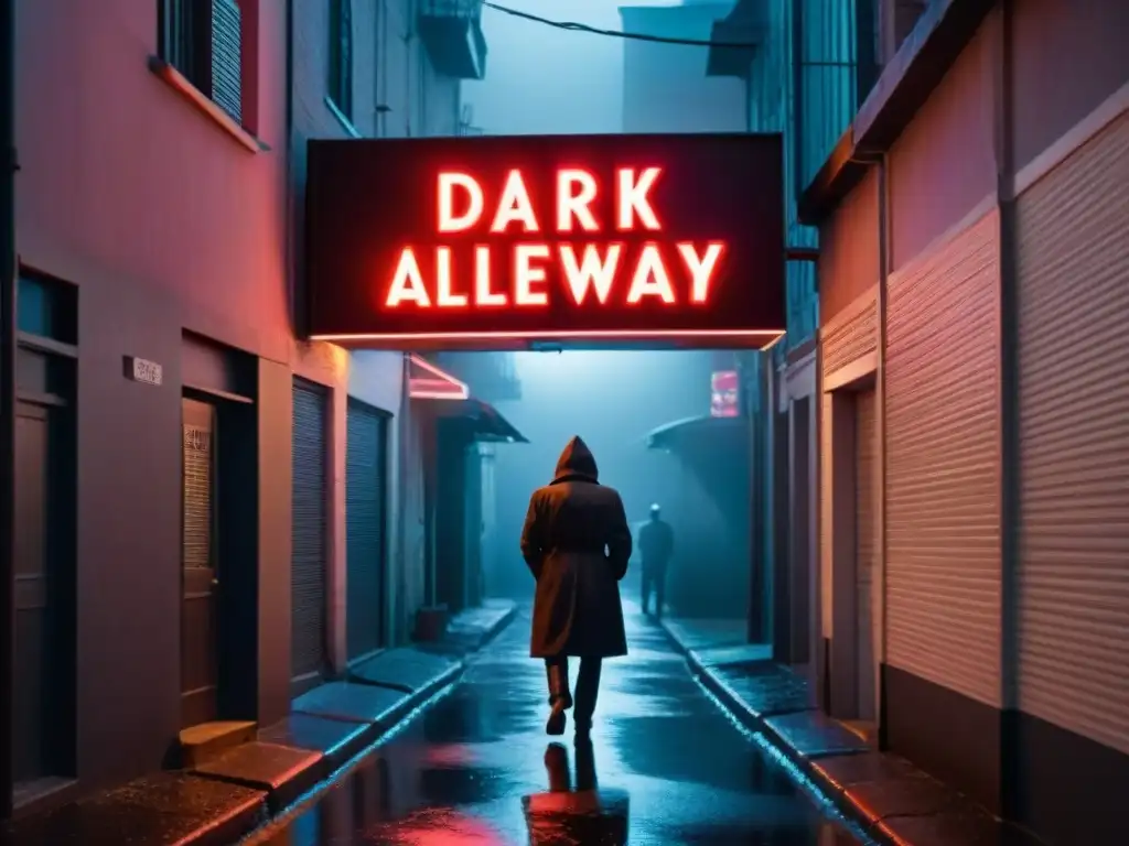 Un callejón oscuro iluminado por la luz intermitente de un letrero de neón, creando sombras inquietantes en el pavimento mojado