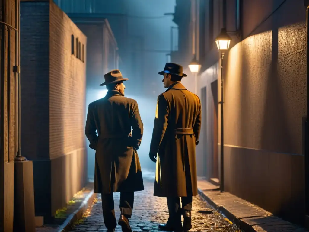 En un callejón oscuro iluminado por una sola farola, dos figuras en misteriosa conversación