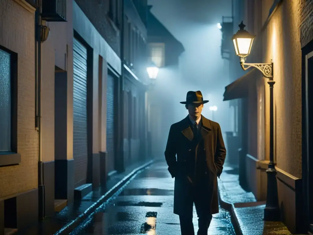 Un callejón oscuro iluminado por una sola farola parpadeante, con figuras misteriosas entre la niebla