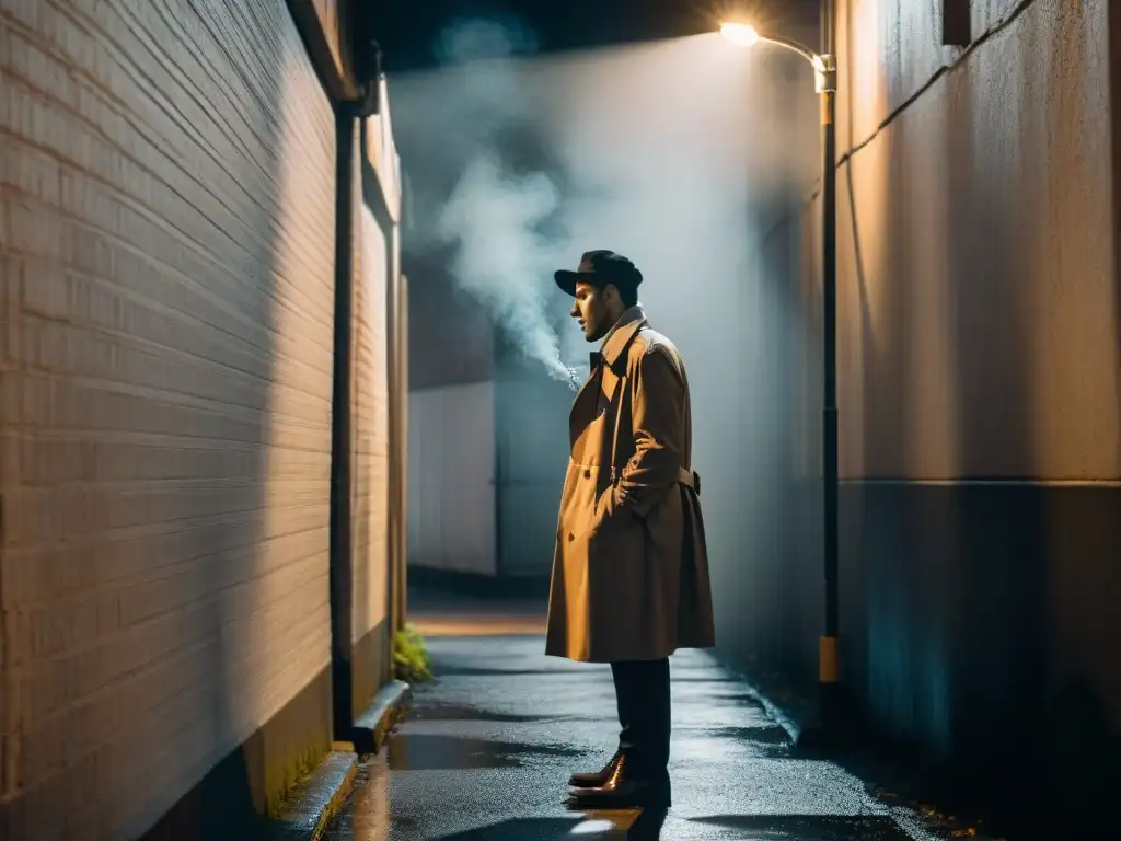 Alleyway misterioso: figura misteriosa bajo la luz de la farola Un callejón oscuro iluminado por una sola farola parpadeante, con sombras alargadas en el suelo mojado