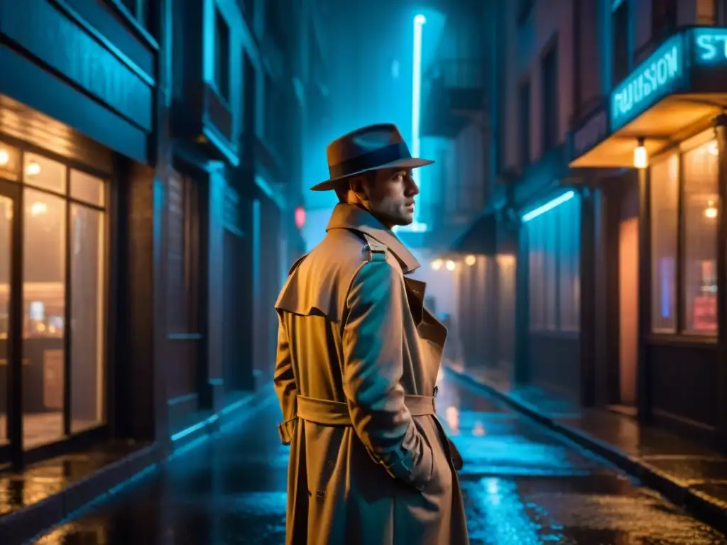 En un callejón oscuro, iluminado por una solitaria farola en la lluvia, un misterioso personaje con sombrero y gabardina fuma un cigarrillo