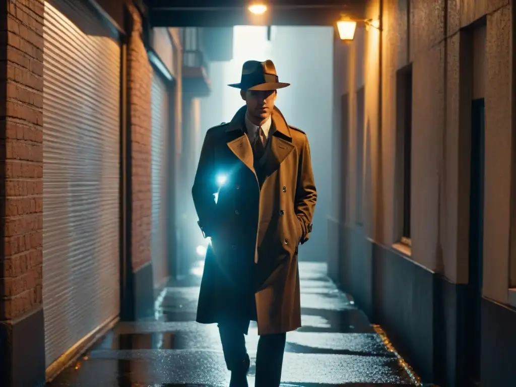 Un callejón oscuro iluminado por una solitaria farola titilante, proyectando largas sombras en el pavimento mojado