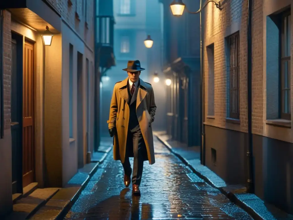 Un callejón oscuro iluminado por una solitaria farola, creando sombras dramáticas en los adoquines mojados