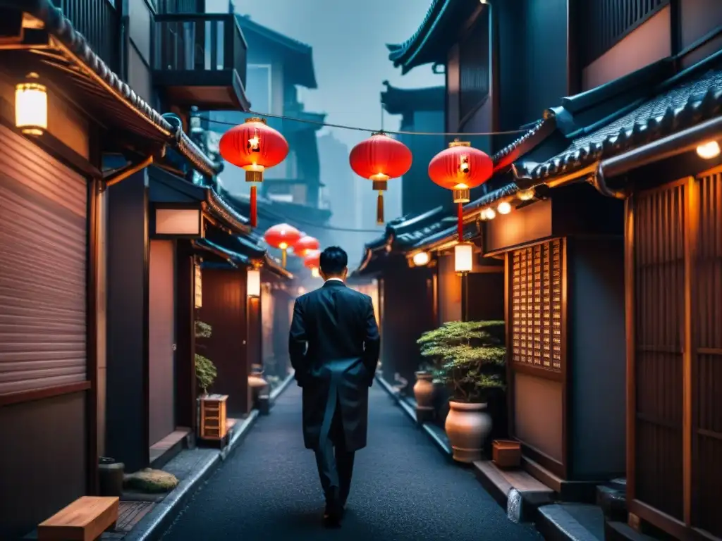 Un callejón oscuro en Tokio, iluminado solo por las luces de neón de un izakaya japonés tradicional