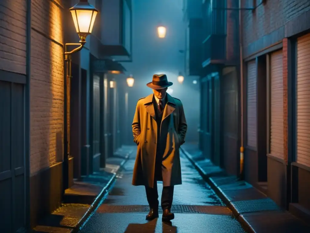 Un callejón oscuro iluminado por la tenue luz de una farola parpadeante, creando largas sombras en el pavimento mojado