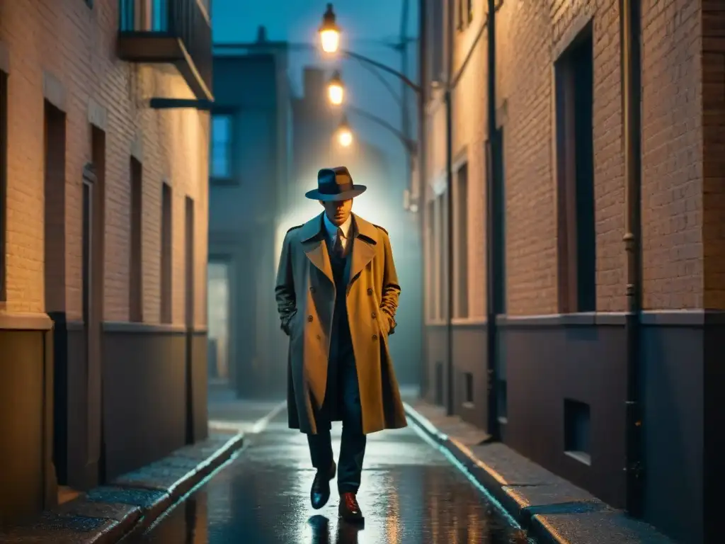 Un callejón oscuro iluminado por la tenue luz de una farola parpadeante, creando largas sombras en el pavimento mojado