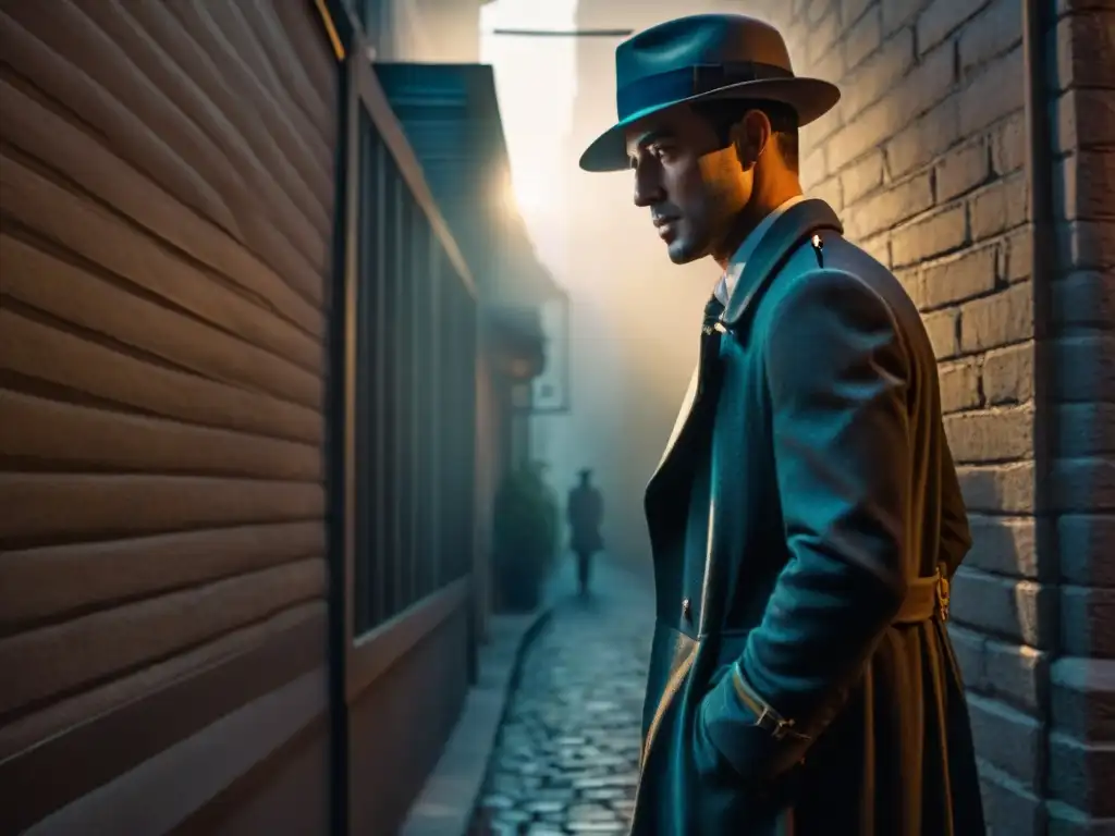 En un callejón oscuro, iluminado por la tenue luz de una farola parpadeante, una figura con gabardina y sombrero de fedora acecha en las sombras