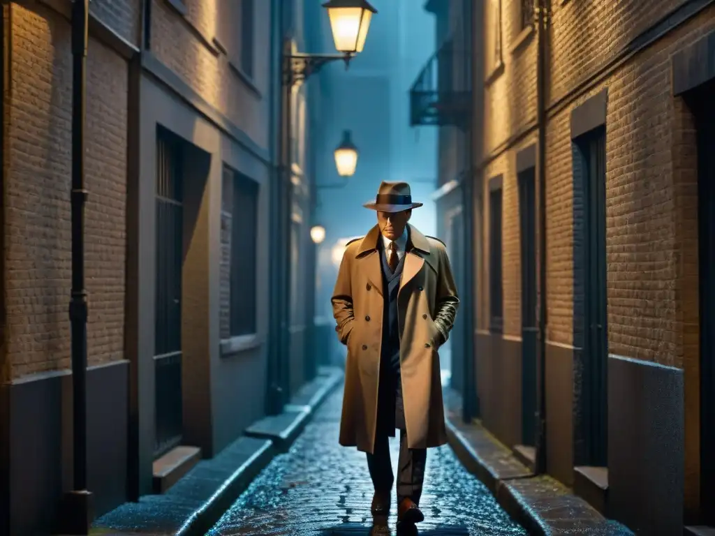 Un callejón oscuro iluminado por la tenue luz de una farola parpadeante