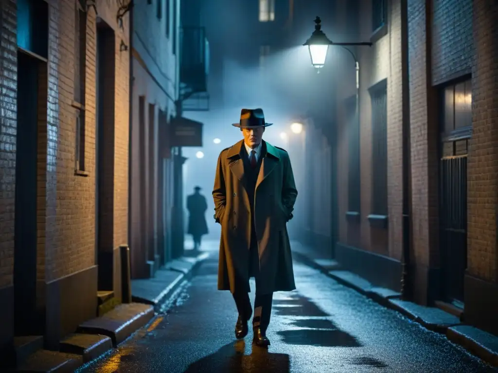 Un callejón oscuro iluminado por la tenue luz de una farola parpadeante, donde sombras alargadas se proyectan en el suelo húmedo