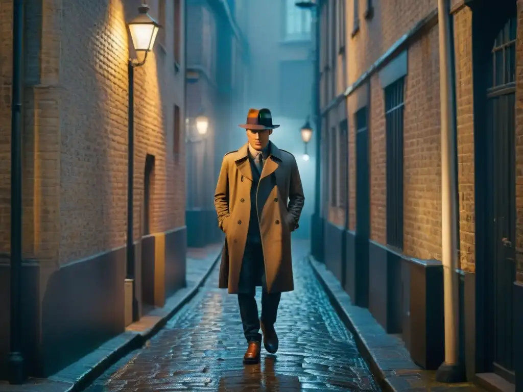 Un callejón oscuro en Londres iluminado por la tenue luz de una farola parpadeante, creando largas sombras en el suelo empedrado mojado