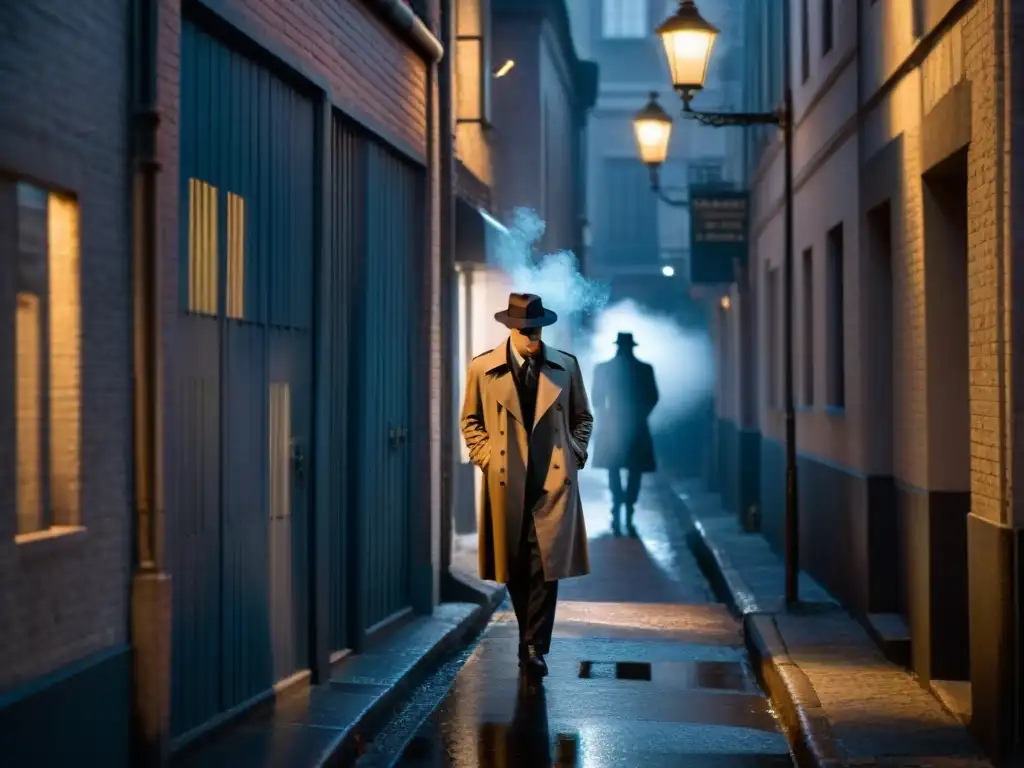 En un callejón oscuro iluminado por una única farola parpadeante, donde las sombras se alargan en el pavimento mojado