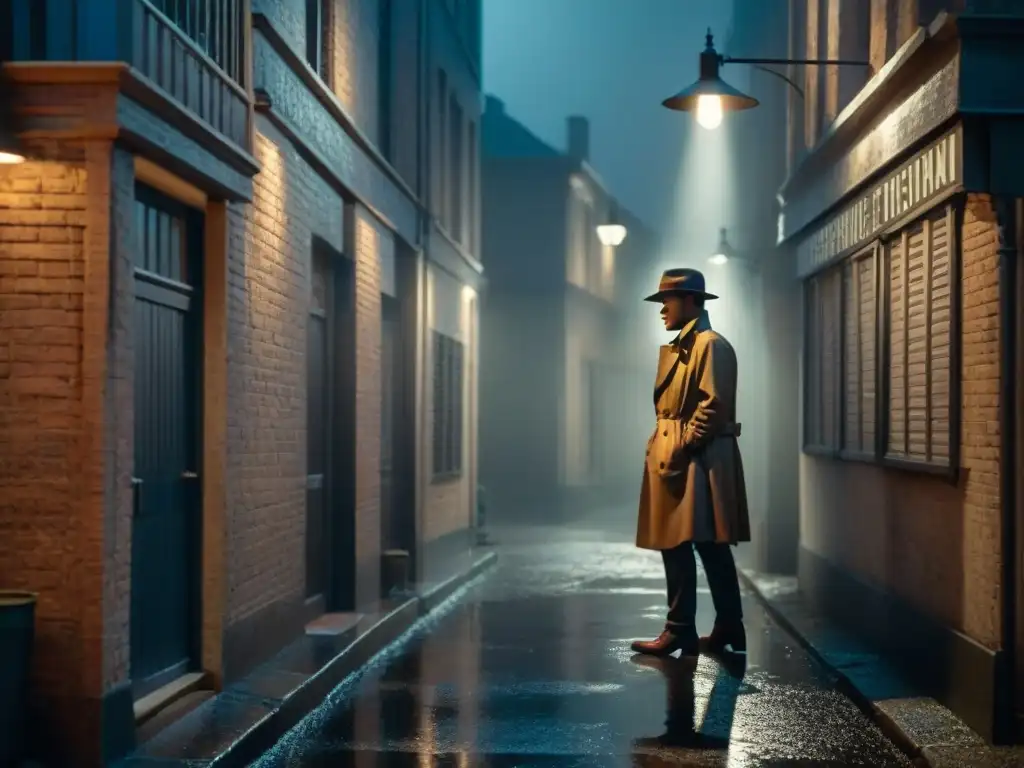 Alleyway Noir: Misterio bajo la lluvia y las sombras Un callejón oscuro bajo la lluvia, un misterioso personaje en gabardina y sombrero