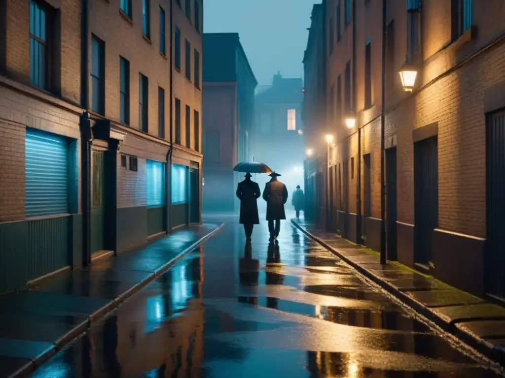 Un callejón oscuro y lluvioso en ambiente urbano, iluminado por la tenue luz de una farola parpadeante