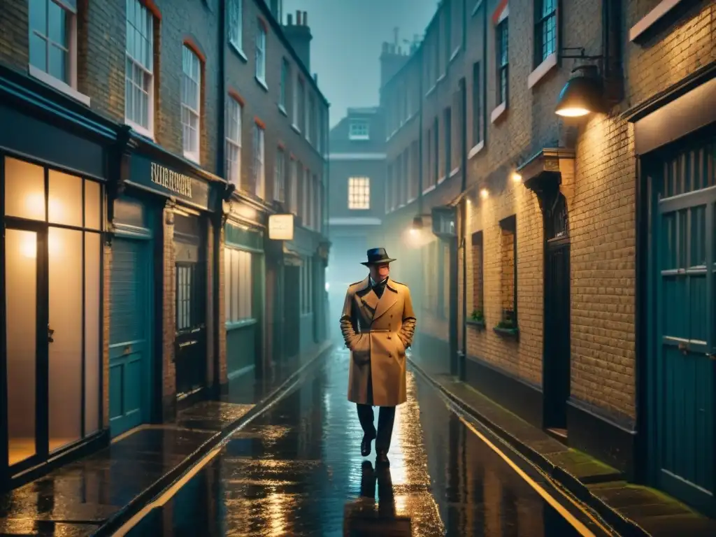 Un callejón oscuro y lluvioso en Londres, iluminado por la luz de una farola