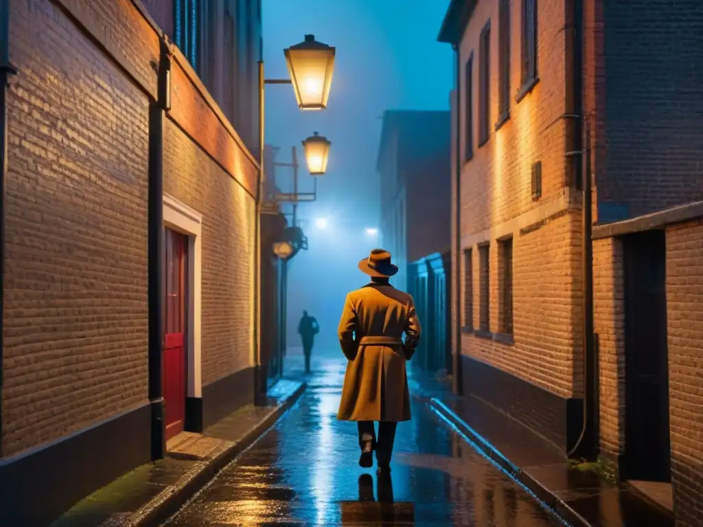 Un callejón oscuro y lluvioso, luces de neón reflejadas en adoquines