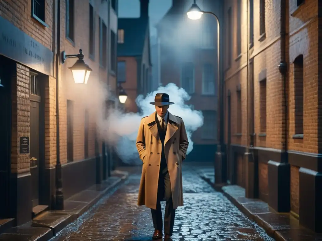 Un callejón oscuro y lluvioso, un misterioso personaje bajo la luz de la farola