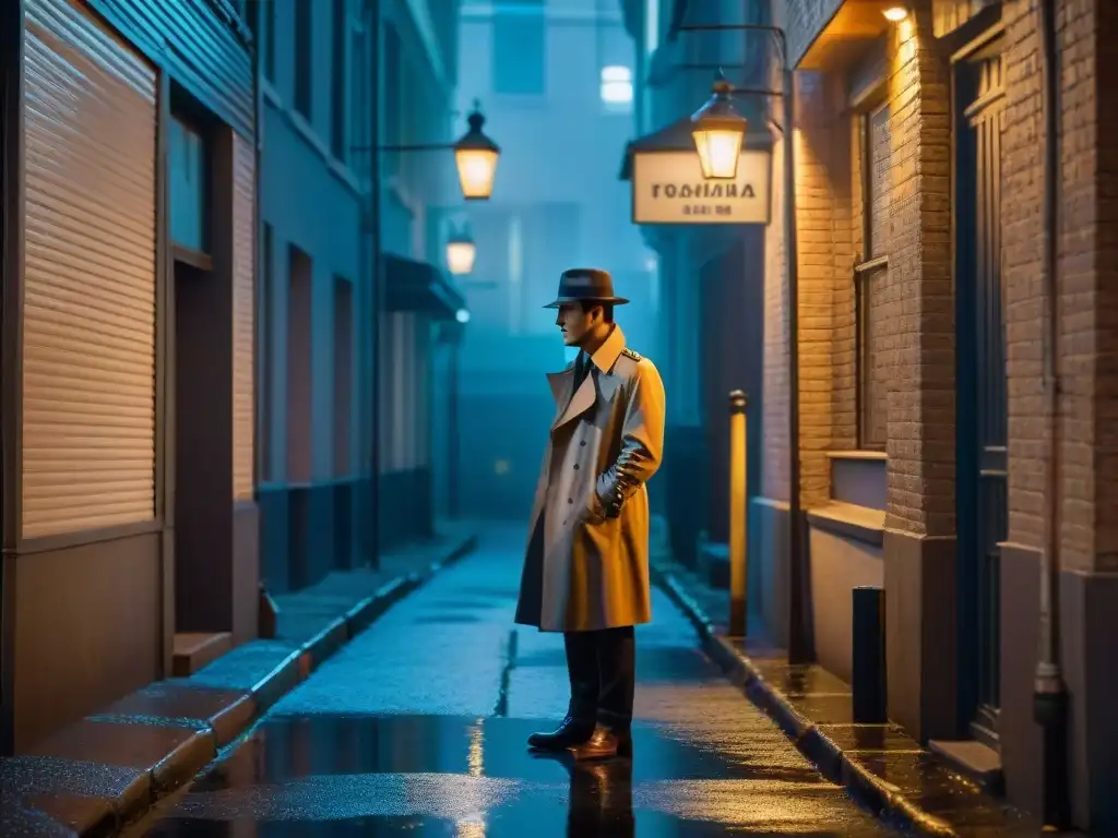 Noche de misterio en callejón oscuro: escena Film Noir Un callejón oscuro y lluvioso de noche