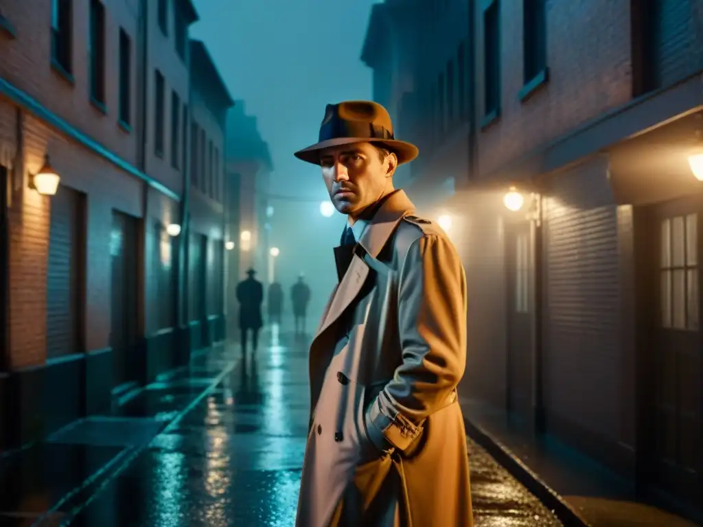 Un callejón oscuro y misterioso en estilo Film Noir, iluminado por la luz de una farola, reflejando en el pavimento mojado