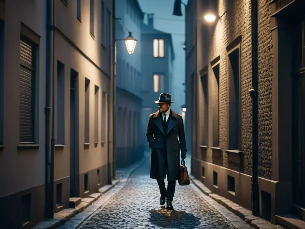 Un callejón oscuro y misterioso en Berlín, iluminado por una solitaria farola, con sombras alargadas en el suelo empedrado