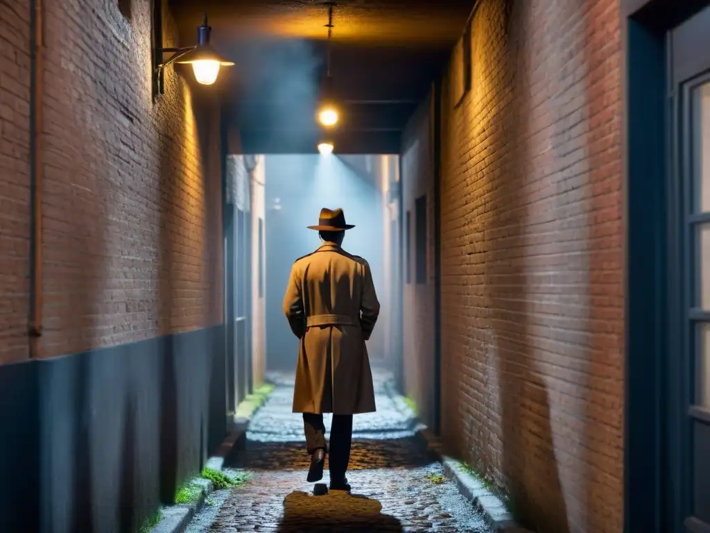 Un callejón oscuro y misterioso iluminado por la tenue luz de una farola parpadeante, con sombras inquietantes en el suelo empedrado