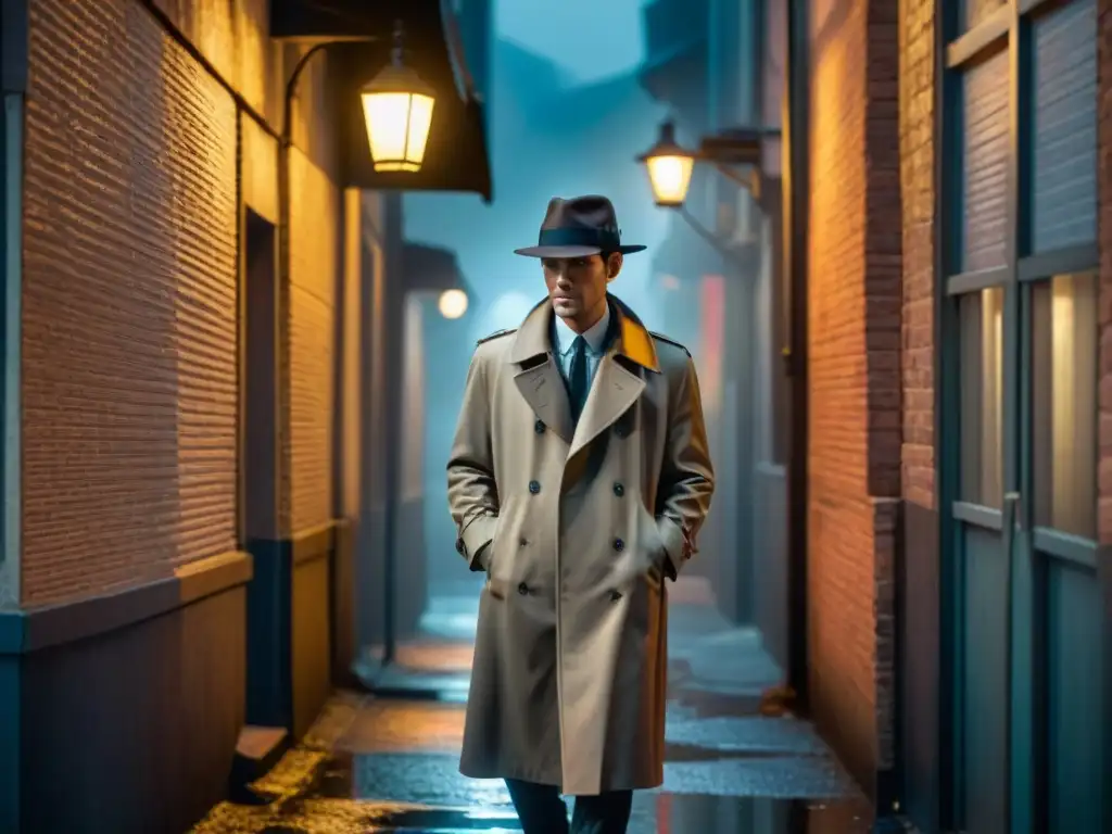 Un callejón oscuro y misterioso iluminado por la luz tenue de una farola, evocando el éxito del cine detectivesco actual