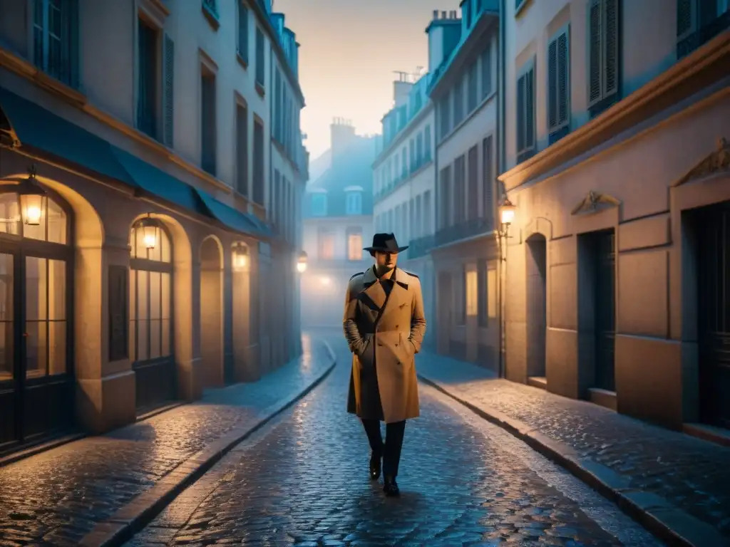 Un callejón oscuro y misterioso en París de noche, iluminado por la luz tenue de una farola titilante