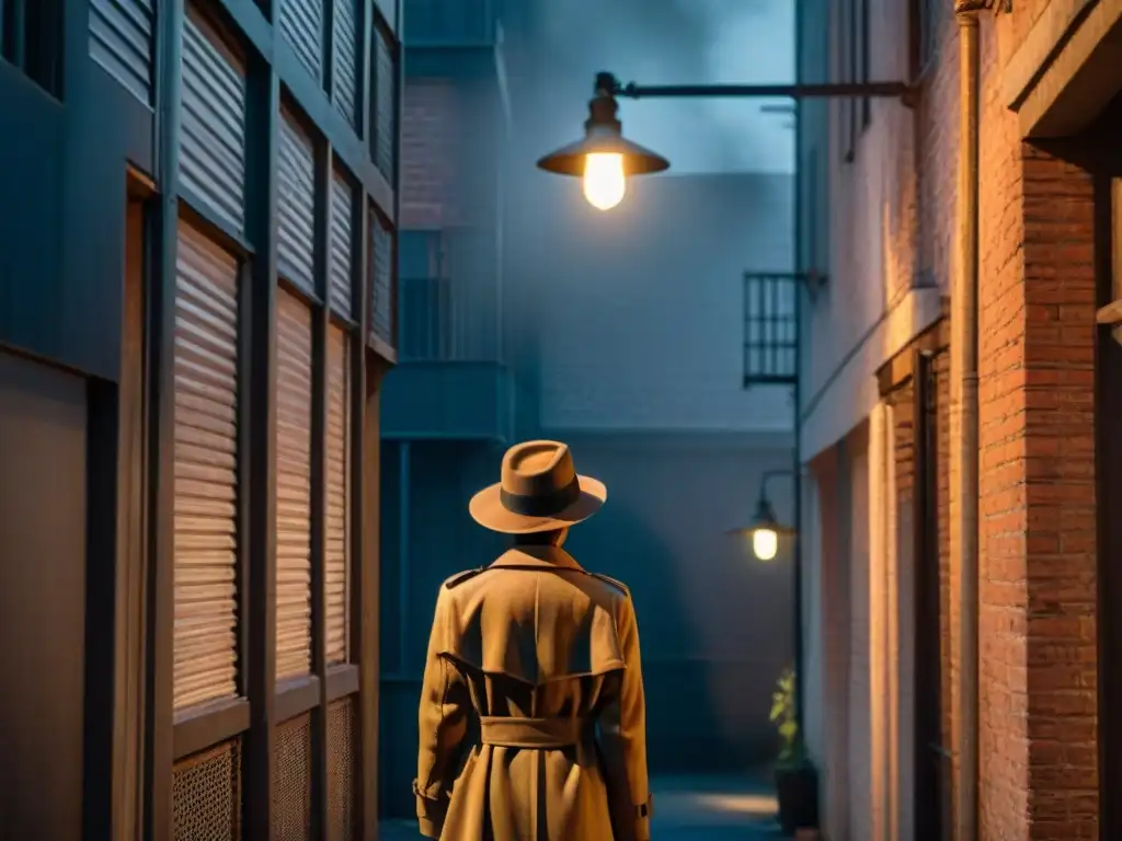 Un callejón oscuro y misterioso de noche, iluminado por una tenue luz de farola