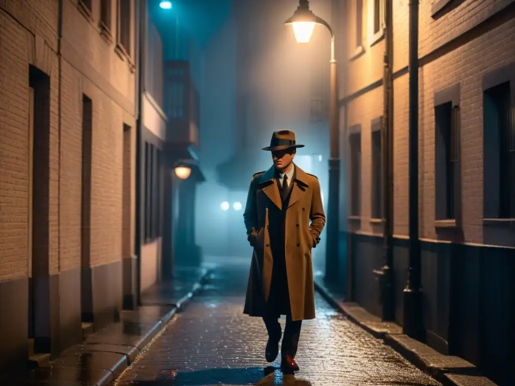 Un callejón oscuro y misterioso de noche, iluminado por la luz tenue de una farola parpadeante