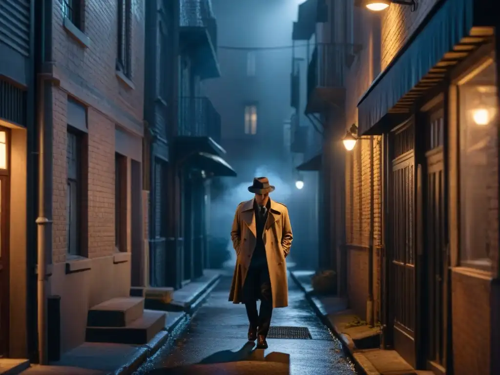 Un callejón oscuro y misterioso de noche, iluminado por la luz tenue de una farola parpadeante