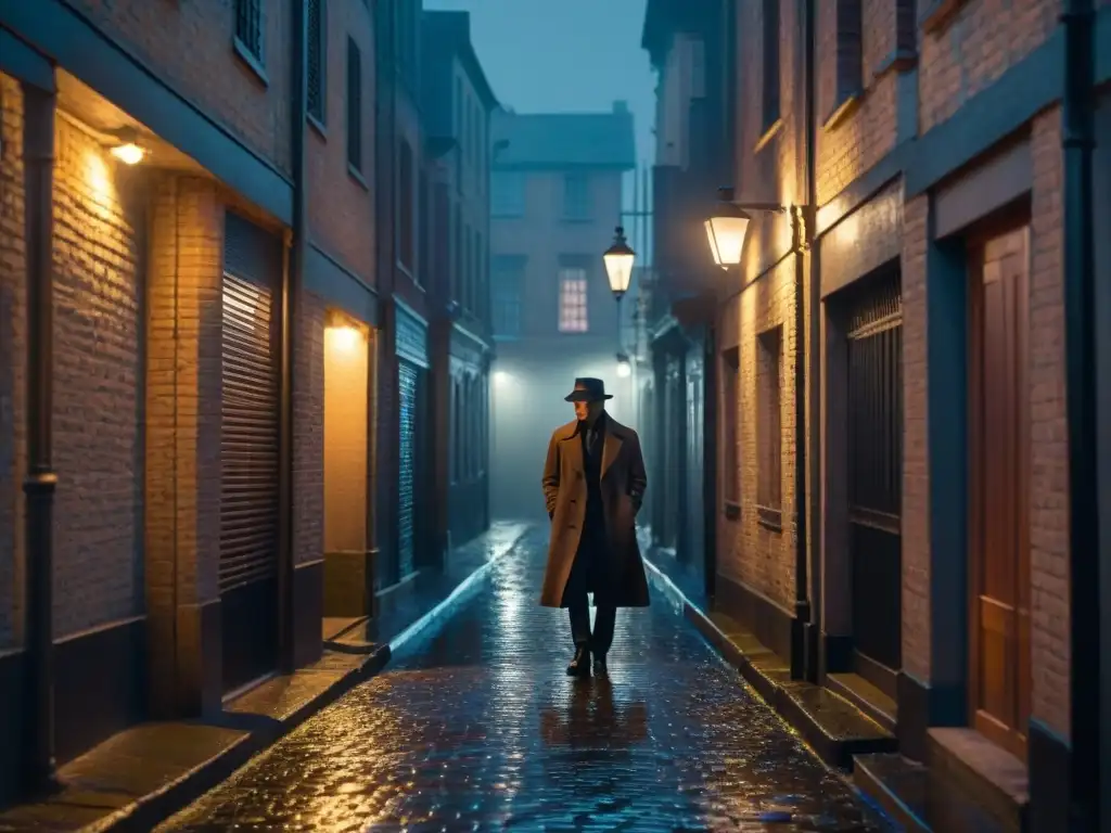 Noche misteriosa en callejón oscuro Un callejón oscuro y misterioso de noche, iluminado por la tenue luz que se filtra por las persianas de una ventana cercana