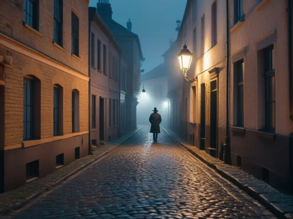 Un callejón oscuro y misterioso de noche, iluminado por una farola