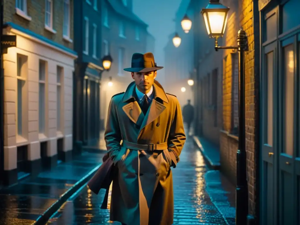 Un callejón oscuro y neblinoso en Londres de noche, iluminado por la suave luz de una farola vintage