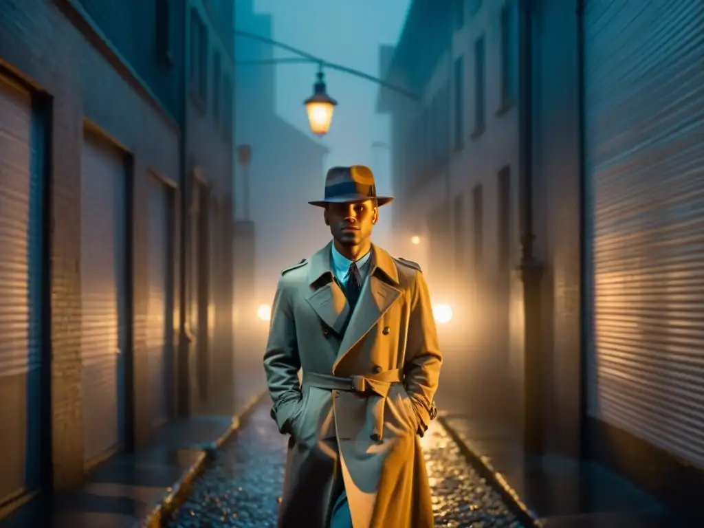 Un callejón oscuro y neblinoso de noche, con la luz de una farola proyectando largas sombras