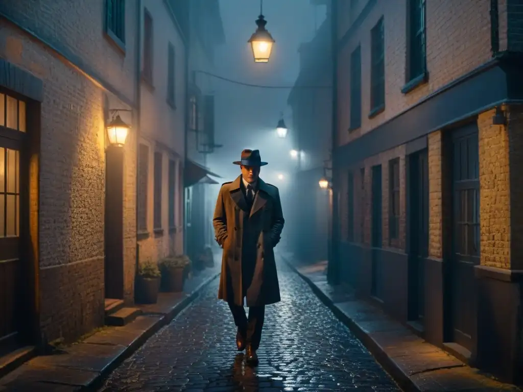 Un callejón oscuro y neblinoso de noche, con sombras misteriosas y una figura en gabardina y sombrero