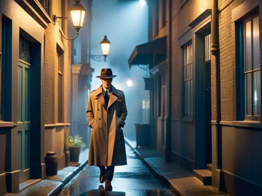 Misterio nocturno: sombras y seducción en la ciudad Un callejón oscuro de noche en una ciudad bulliciosa, envuelto en niebla y misterio