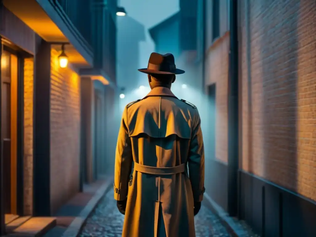 Un callejón oscuro de noche en una ciudad, iluminado solo por la luz tenue de una farola parpadeante
