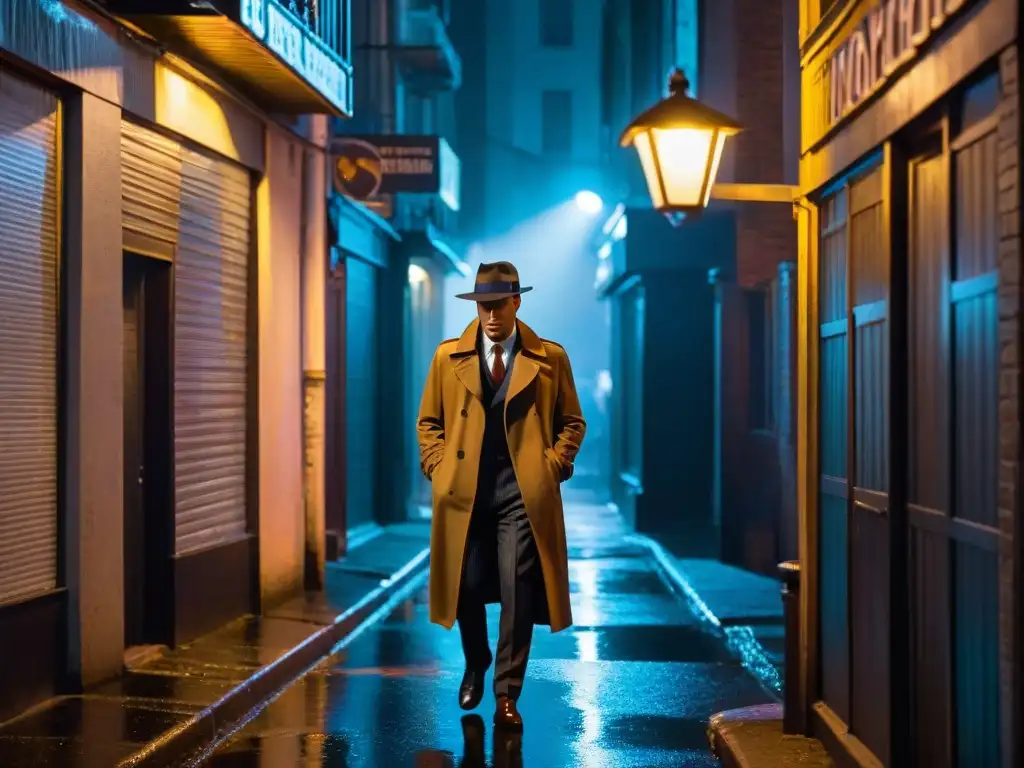 Un callejón oscuro de noche en un entorno urbano, con sombras proyectadas por una farola solitaria