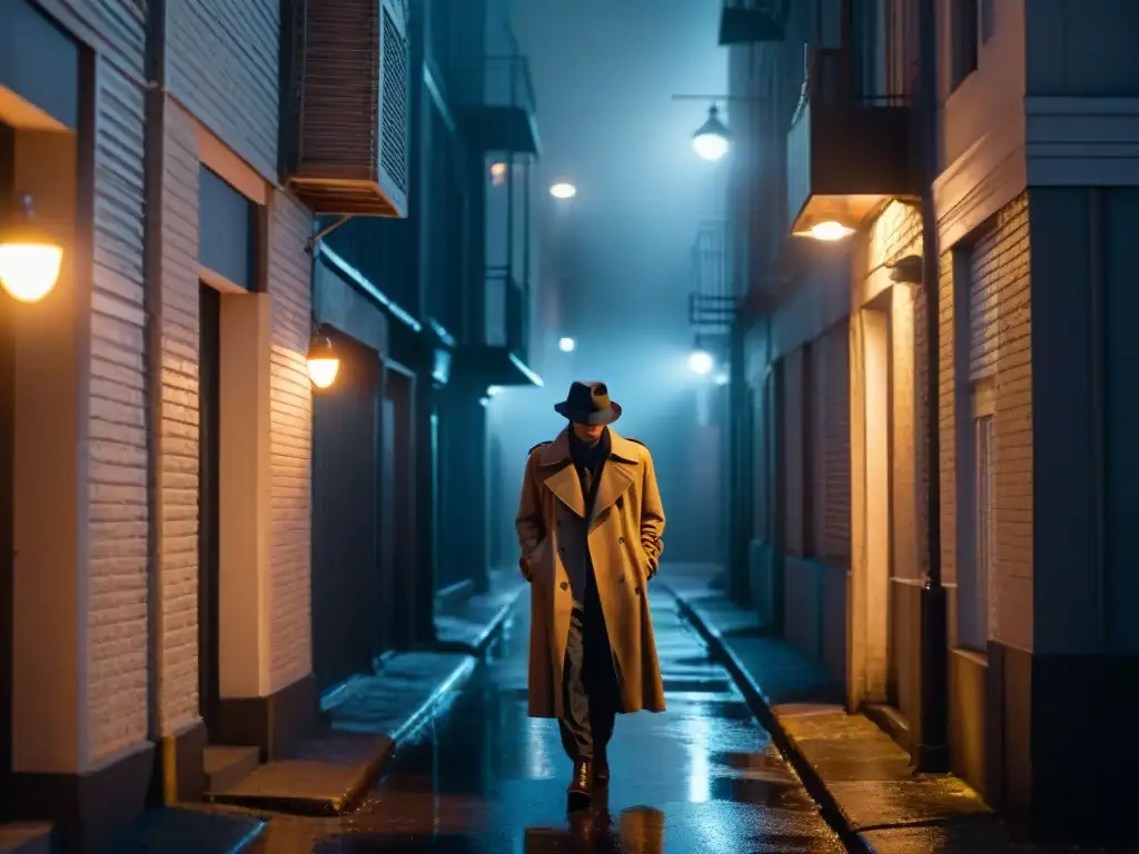 Noche misteriosa en callejón urbano: figura en penumbra mira la ciudad Un callejón oscuro de noche en un entorno urbano, donde las sombras danzan con la tenue luz de una lámpara callejera parpadeante