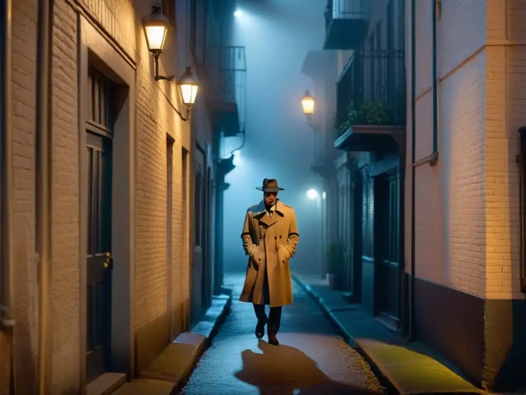 Un callejón oscuro de noche, envuelto en niebla, con una solitaria farola proyectando sombras siniestras