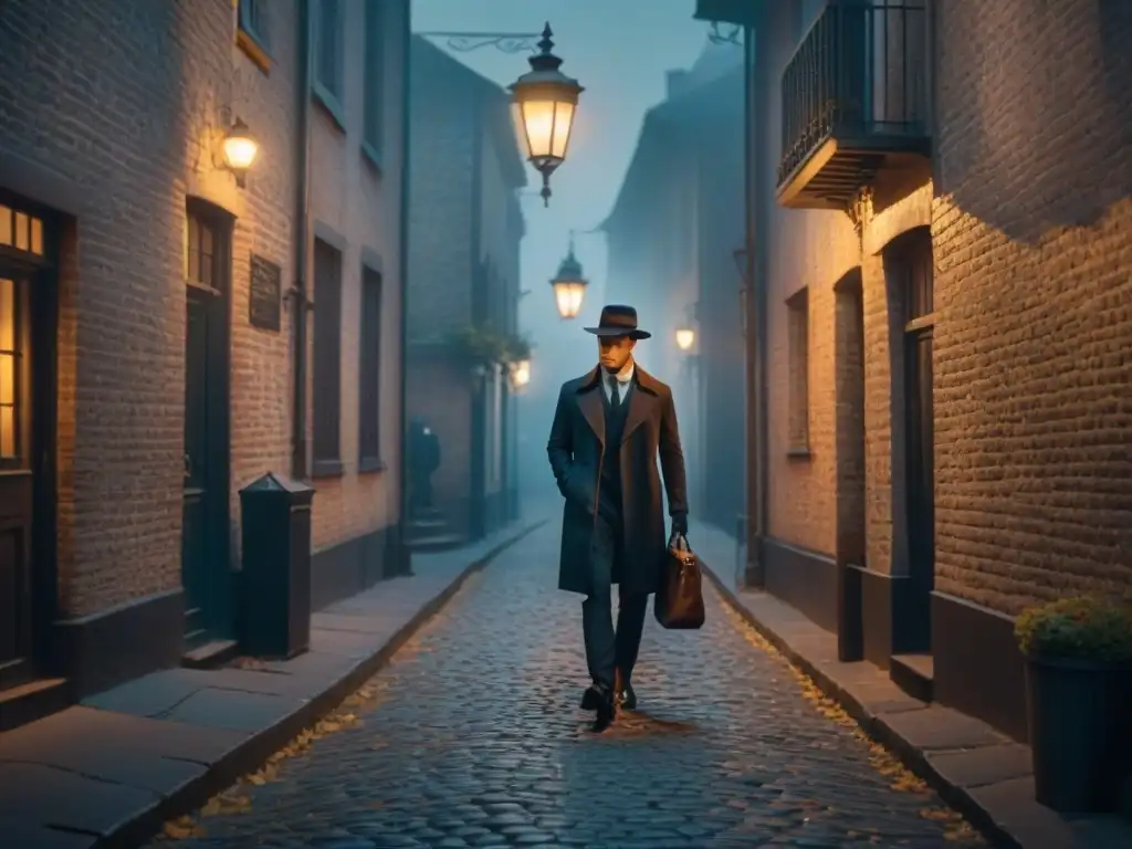 Un callejón oscuro de noche con una farola vintage iluminando el camino de adoquines