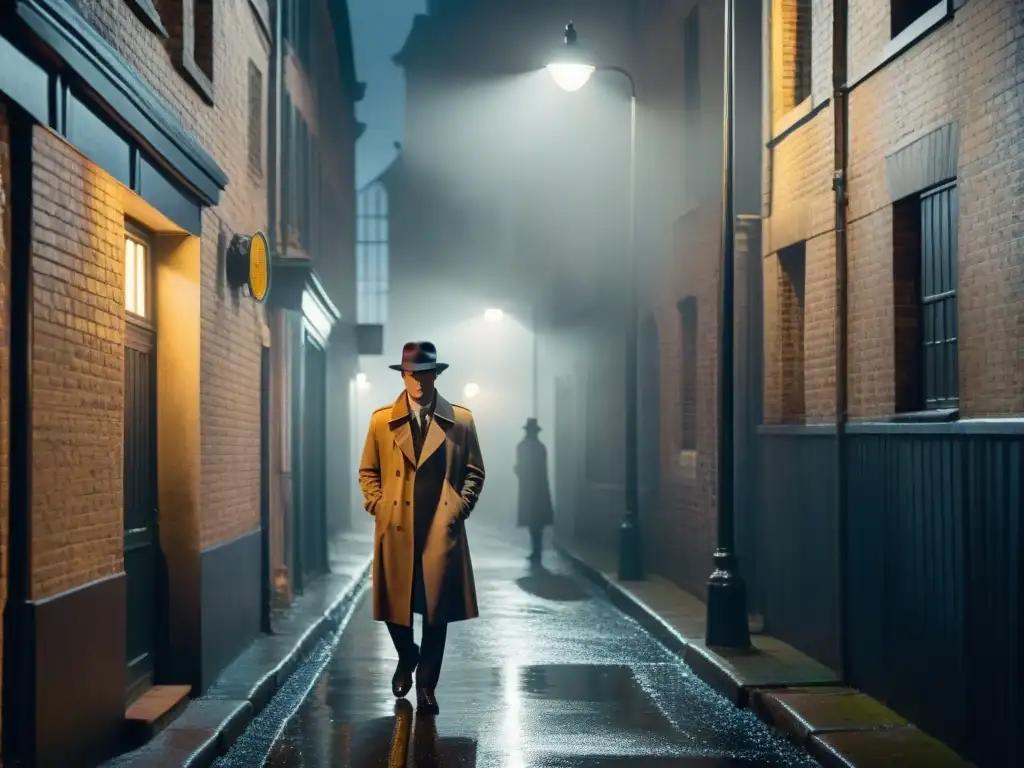 Un callejón oscuro de noche, con una farola antigua iluminando la niebla