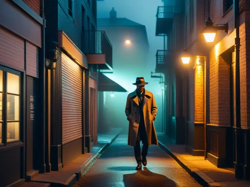 Un callejón oscuro de noche, neblina alrededor de faroles vintage