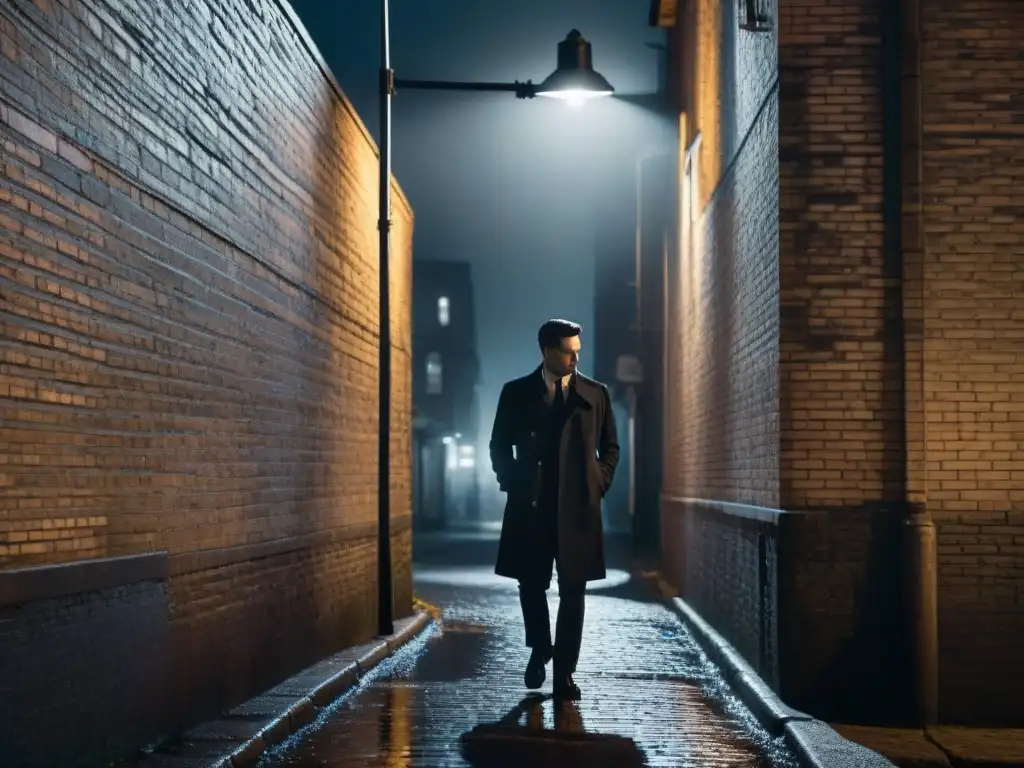 Un callejón oscuro en la noche con una figura solitaria bajo una farola parpadeante, creando sombras largas y ominosas en el pavimento mojado
