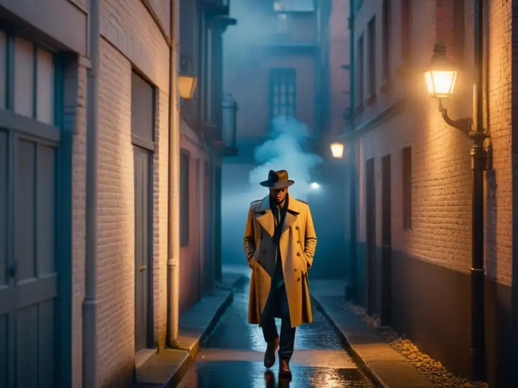 Un callejón oscuro de noche en ambiente noir con figura misteriosa fumando, para la serie detectives Starz análisis