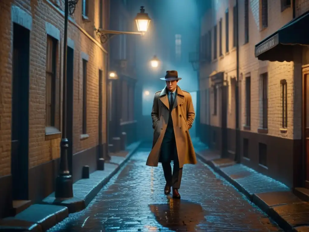 Un callejón oscuro de noche con una figura misteriosa bajo una farola parpadeante